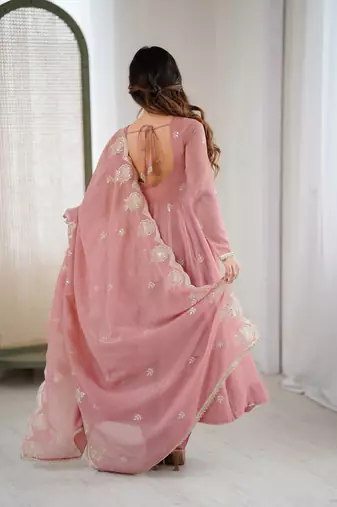 Peach color crunchy silk embroidery work wedding wear gown