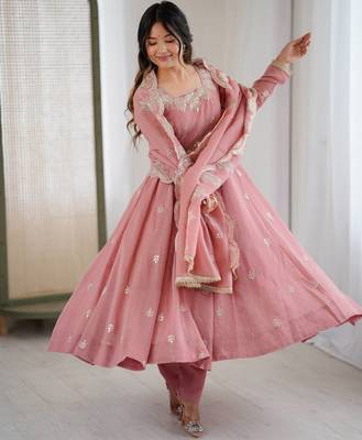 Peach color crunchy silk embroidery work wedding wear gown 3