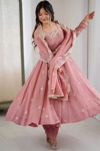 Peach color crunchy silk embroidery work wedding wear gown