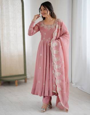 Peach color crunchy silk embroidery work wedding wear gown 4
