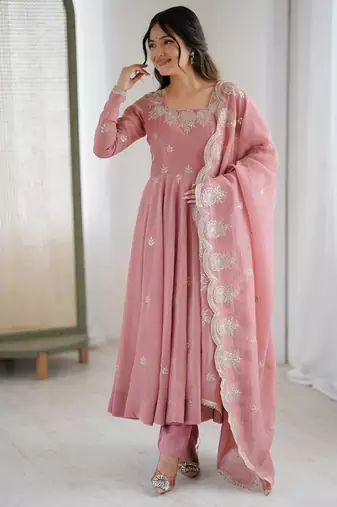 Peach color crunchy silk embroidery work wedding wear gown