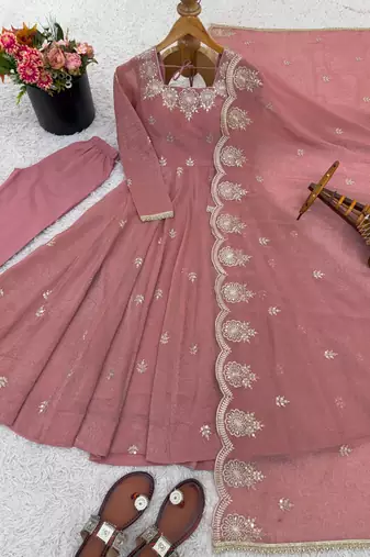 peach embroidery crunchy silk gown