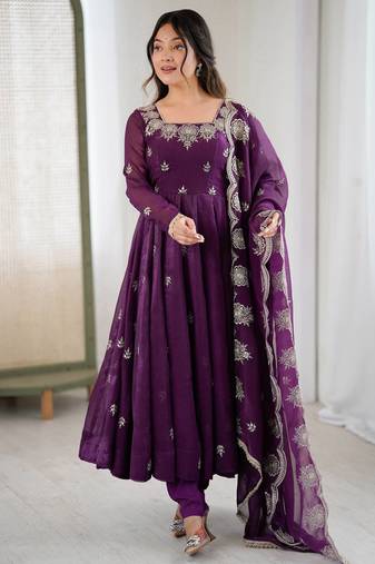 Wine color crunchy silk embroidery work wedding wear gown