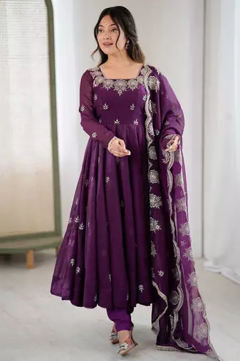 Wine color crunchy silk embroidery work wedding wear gown