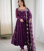 Wine color crunchy silk embroidery work wedding wear gown