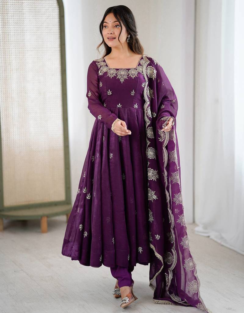 Wine color crunchy silk embroidery work wedding wear gown