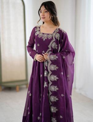 Wine color crunchy silk embroidery work wedding wear gown 2