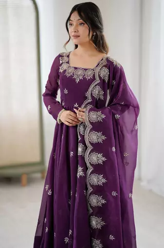 Wine color crunchy silk embroidery work wedding wear gown