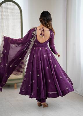 Wine color crunchy silk embroidery work wedding wear gown 4