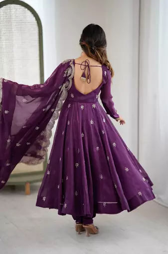 Wine color crunchy silk embroidery work wedding wear gown