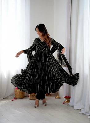 Black color mal chanderi silk hand embroidery work long gown 1