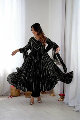 Black color mal chanderi silk hand embroidery work long gown