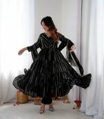 Black color mal chanderi silk hand embroidery work long gown