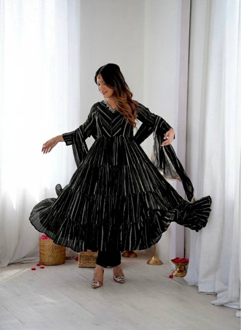 Black color mal chanderi silk hand embroidery work long gown