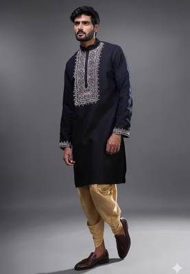 Navy blue embroidered silk kurta pant 2