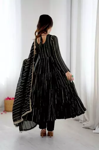 Black color mal chanderi silk hand embroidery work long gown