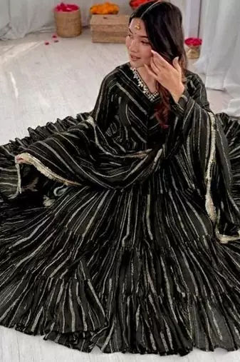 Black color mal chanderi silk hand embroidery work long gown