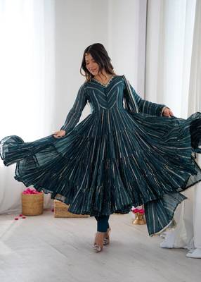 Teal color mal chanderi silk hand embroidery work long gown 1