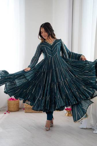 Teal color mal chanderi silk hand embroidery work long gown
