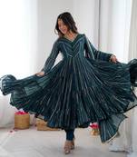 Teal color mal chanderi silk hand embroidery work long gown