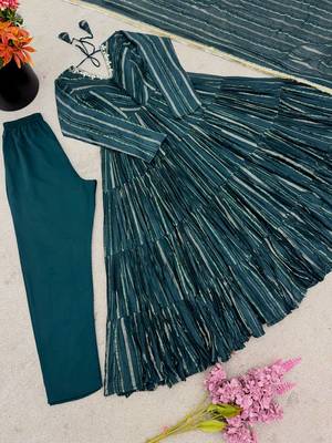 Teal color mal chanderi silk hand embroidery work long gown 2
