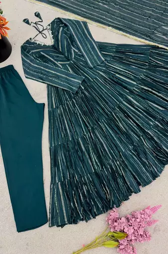 Teal color mal chanderi silk hand embroidery work long gown
