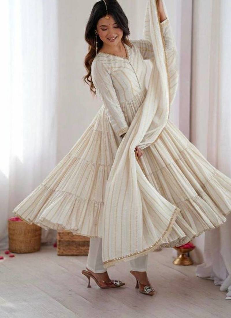 White color mal chanderi silk hand embroidery work long gown