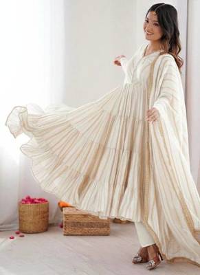 White color mal chanderi silk hand embroidery work long gown 3