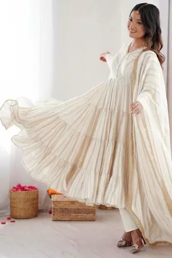 White color mal chanderi silk hand embroidery work long gown