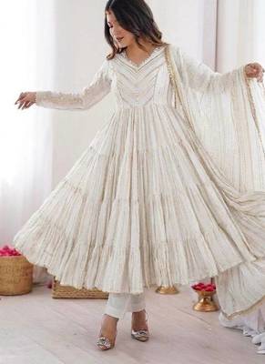 White color mal chanderi silk hand embroidery work long gown 4