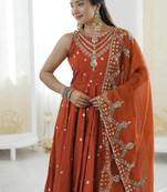 Orange color roman silk embroidery work  party wear gown