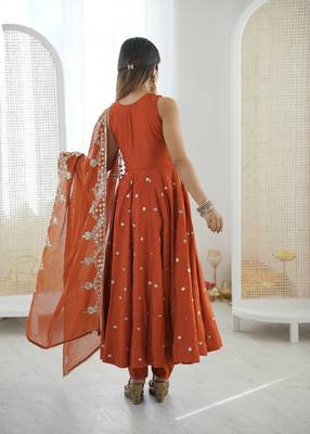 Orange color roman silk embroidery work party wear gown 4