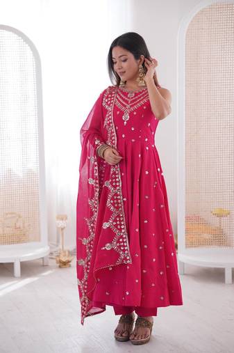 Pink color roman silk embroidery work  party wear gown