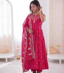 Pink color roman silk embroidery work party wear gown