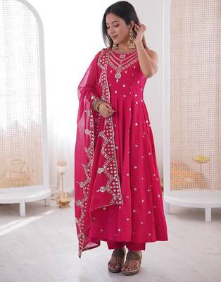 Pink color roman silk embroidery work party wear gown 2