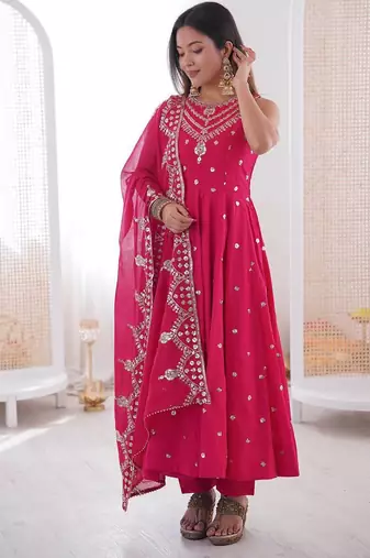 Pink color roman silk embroidery work party wear gown