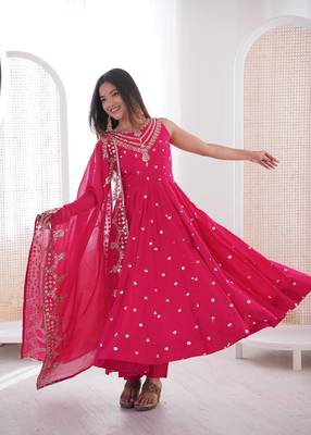 Pink color roman silk embroidery work party wear gown 3