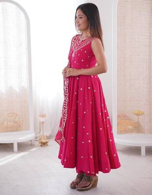 Pink color roman silk embroidery work party wear gown 4