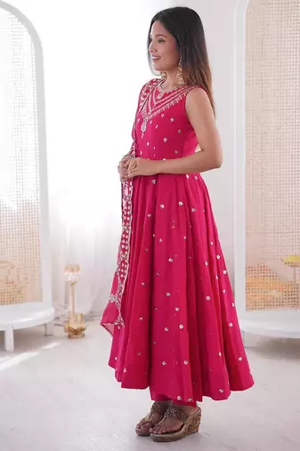 Pink color roman silk embroidery work party wear gown