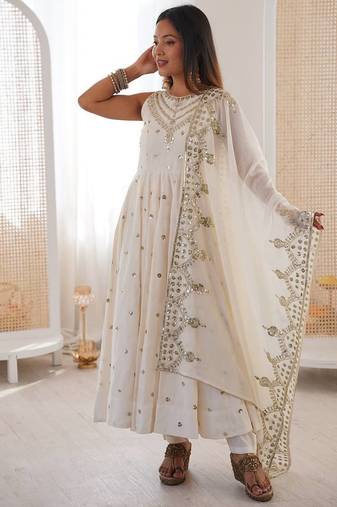 White color roman silk embroidery work  party wear gown