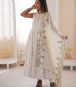 White color roman silk embroidery work  party wear gown
