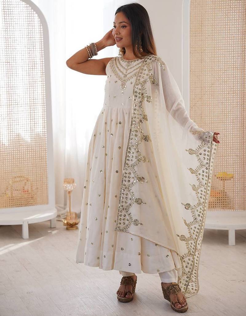 White color roman silk embroidery work  party wear gown