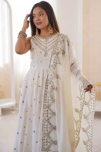 White color roman silk embroidery work party wear gown