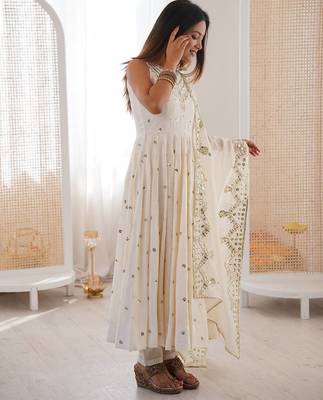 White color roman silk embroidery work party wear gown 4
