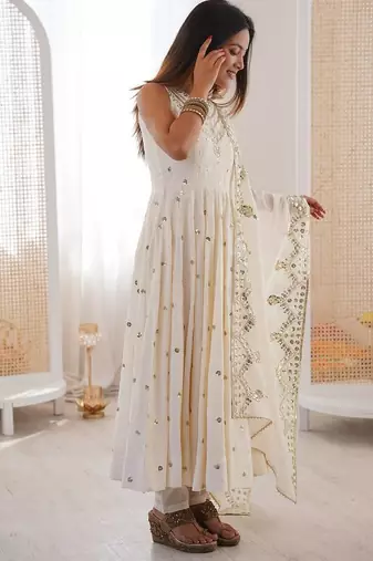 White color roman silk embroidery work party wear gown