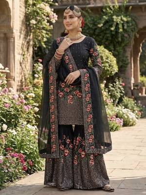 Black fendy silk heavy embroidery work party wear sharara suit 1