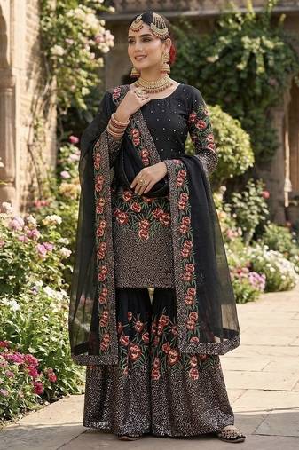 Black fendy silk heavy embroidery work party wear sharara suit