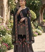 Black fendy silk heavy embroidery work party wear sharara suit
