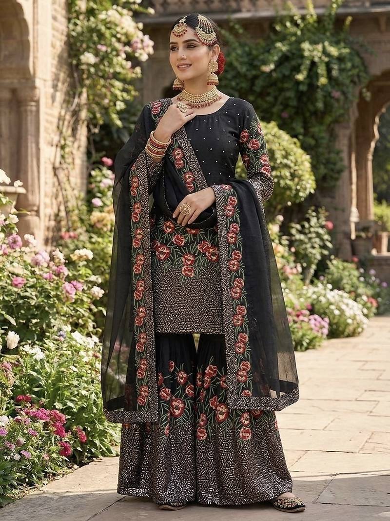 Black fendy silk heavy embroidery work party wear sharara suit