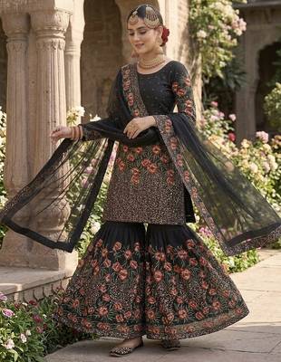 Black fendy silk heavy embroidery work party wear sharara suit 2